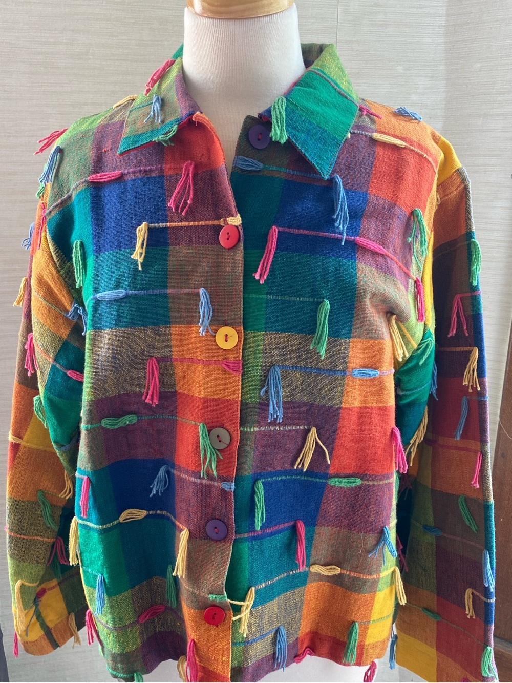 Carrie Allen Colorful Multi-Check Tassel Button-Up Jacket